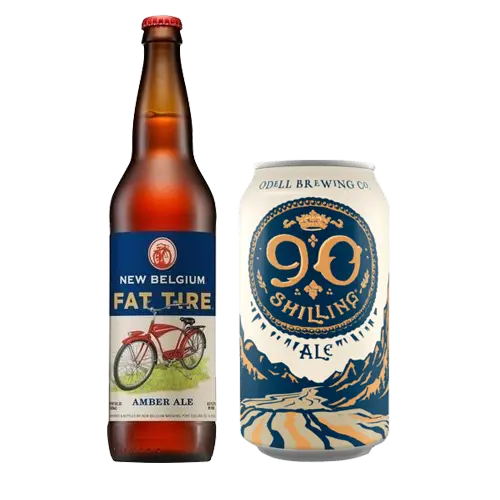 Bottle of New Belgium Fat Tire and a can of Odell 90 Shilling