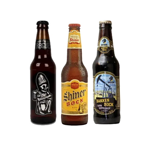 Bottles of Shiner Bock, Rogue Dead Guy Ale, and Bayern Bakken Bock