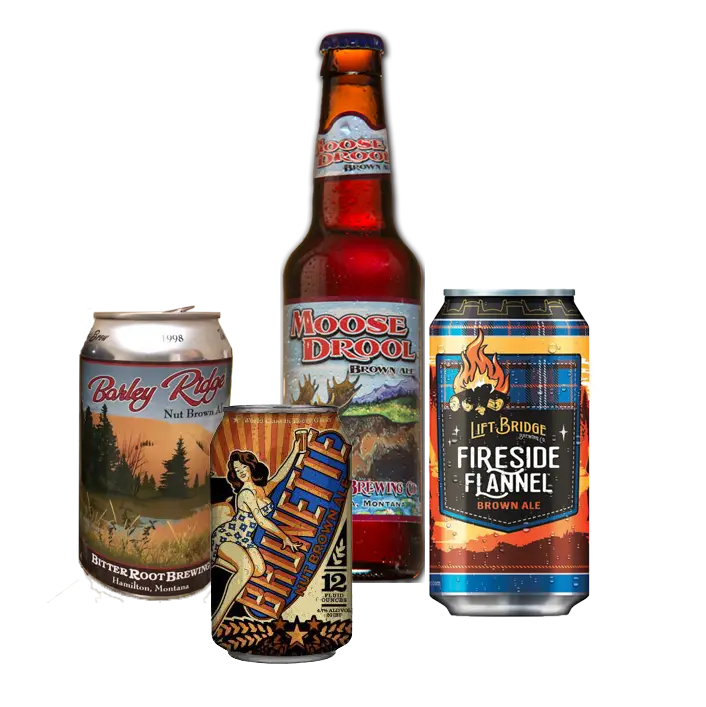 Cans or bottles of Lift Bridge Fireside Flannel, Big Sky Moose Drool, Nebraska Brunette Nut Brown, and Bitter Root Barley Ridge Nut Brown