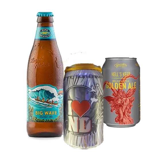 Cans or bottles of Laughing Sun I Love ND, Kona Big Wave, and Squatters Golden Ale