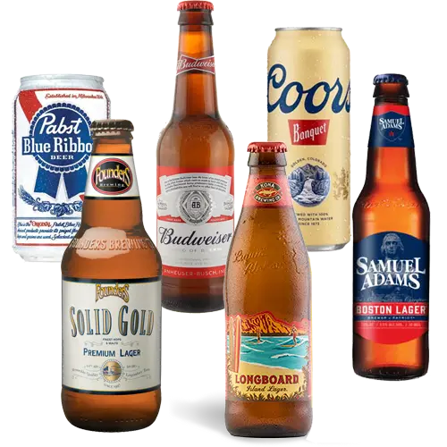 Cans or bottles of Pabst Blue Ribbon, Founder's Solid Gold, Budweiser, Samuel Adams, Coors Banquet and Kona Longboard