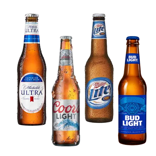 Bottles of Michelob Ultra, Coors LIght, Miller Lite, and Bud Light