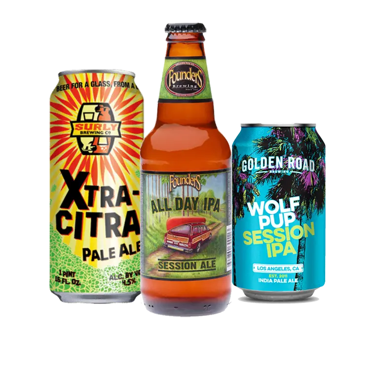 Cans or bottles of Surly Xtra-Citra Pale Ale, Founders All Day IPA, and Golden Road Wolf Pup Session