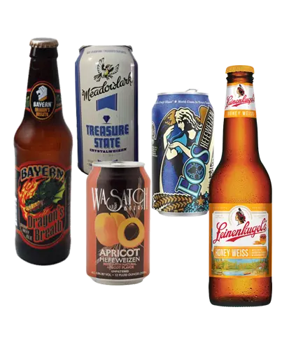 Bottles or cans of Bayern Dragon's Breath, Wasatch Apricot Hefeweizen, Nebraska EOS Hefeweizen, Meadowlark Treasure State, and Leinenkugel's Honey Weiss