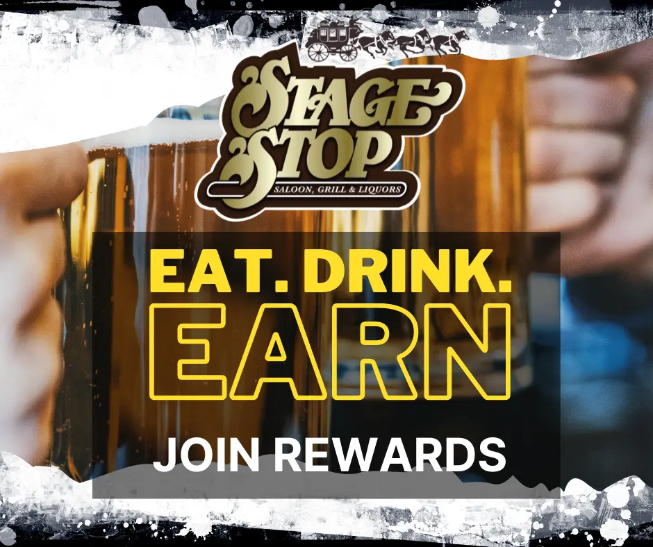 Stage Stop rewards program graphic with beer glasses in the background.