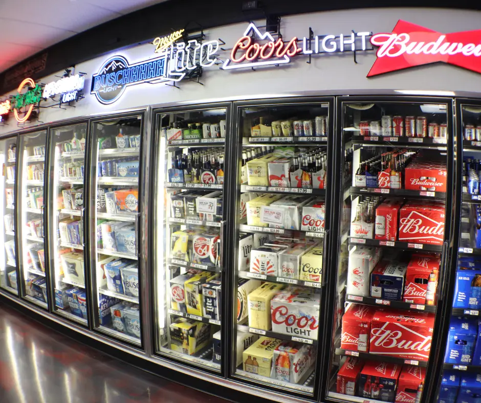 Stage Stop Liquors beer selection in coolers along back wall