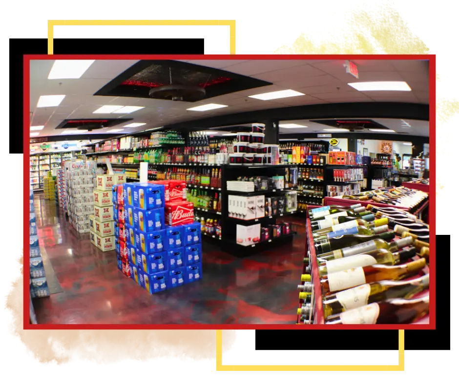 Inside Stage Stop Liquors with a display of wine bottles and aisles of beer and liquor