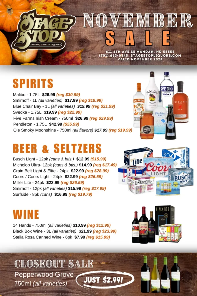 November liquor sale poster showing all beer, wine and spirits on sale with prices.