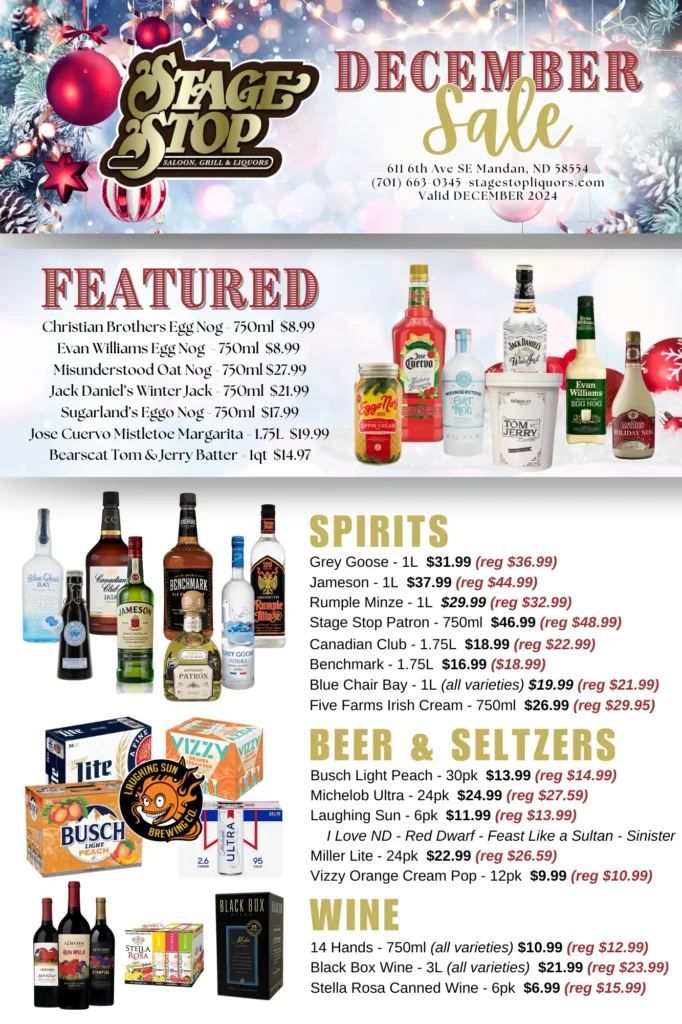 December liquor store sale poster with item prices and photos