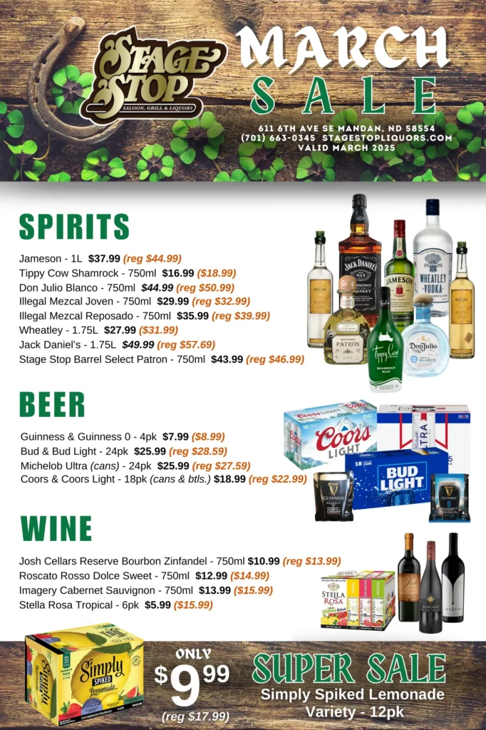 March liquor sale poster with sale items and prices