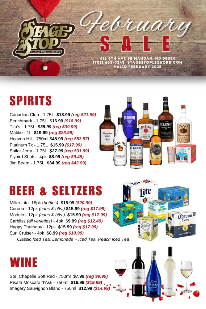 February Liquor Sale poster with sale items and prices